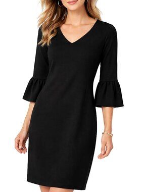 Lafayette 148 Black Sheath Dress V Neck Bell Sleeve Knee Length Size XL NWT
